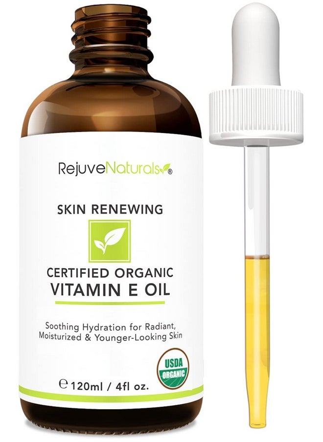 RejuveNaturals Vitamin E Oil - 100% All Natural & USDA Organic (LARGE 4oz Bottle) Repair Dry, Damaged Skin from Surgery & Acne, Age Spots & Wrinkles. For Radiant, Hydrated & Youthful Skin. Face & Body Moisturizer  - Image 1