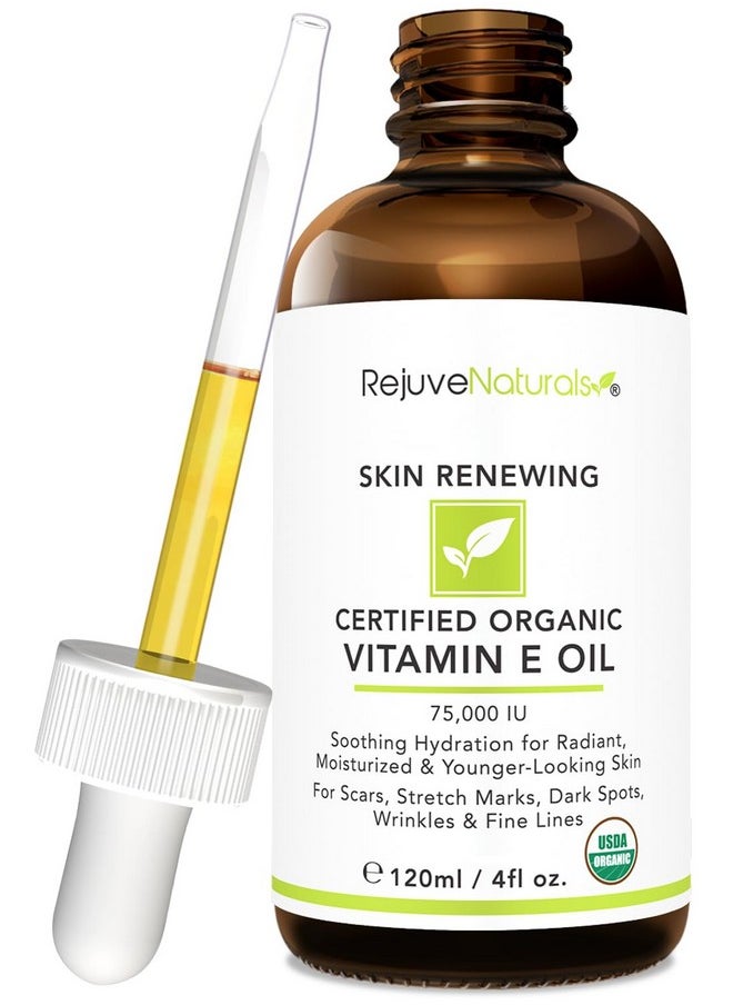 RejuveNaturals Vitamin E Oil - 100% All Natural & USDA Organic (LARGE 4oz Bottle) Repair Dry, Damaged Skin from Surgery & Acne, Age Spots & Wrinkles. For Radiant, Hydrated & Youthful Skin. Face & Body Moisturizer  - Image 2