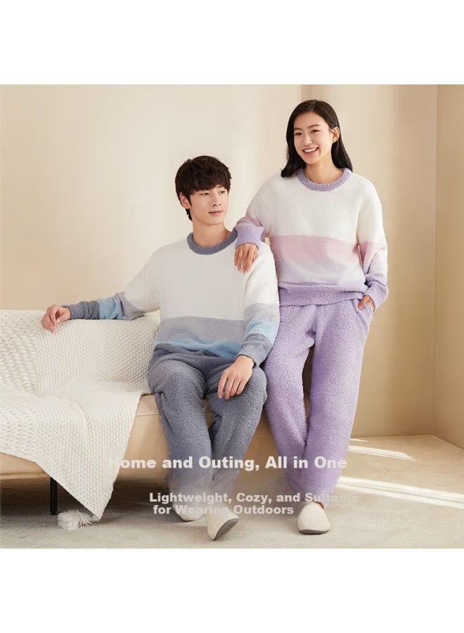 Agentmuse Women's Autumn Winter Pajamas Warm Ultra-soft Half Plush Couple Set Loungewear 897t Pink Beige XL - Image 3