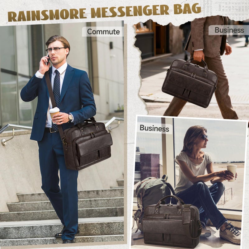 RAINSMORE Mens Laptop Bag PU Leather Messenger Bag 15.6 Inch Briefcase for Men Vintage Computer Satchel Shoulder Bag for Work, Business,Travel, Office, Coffee - Image 2