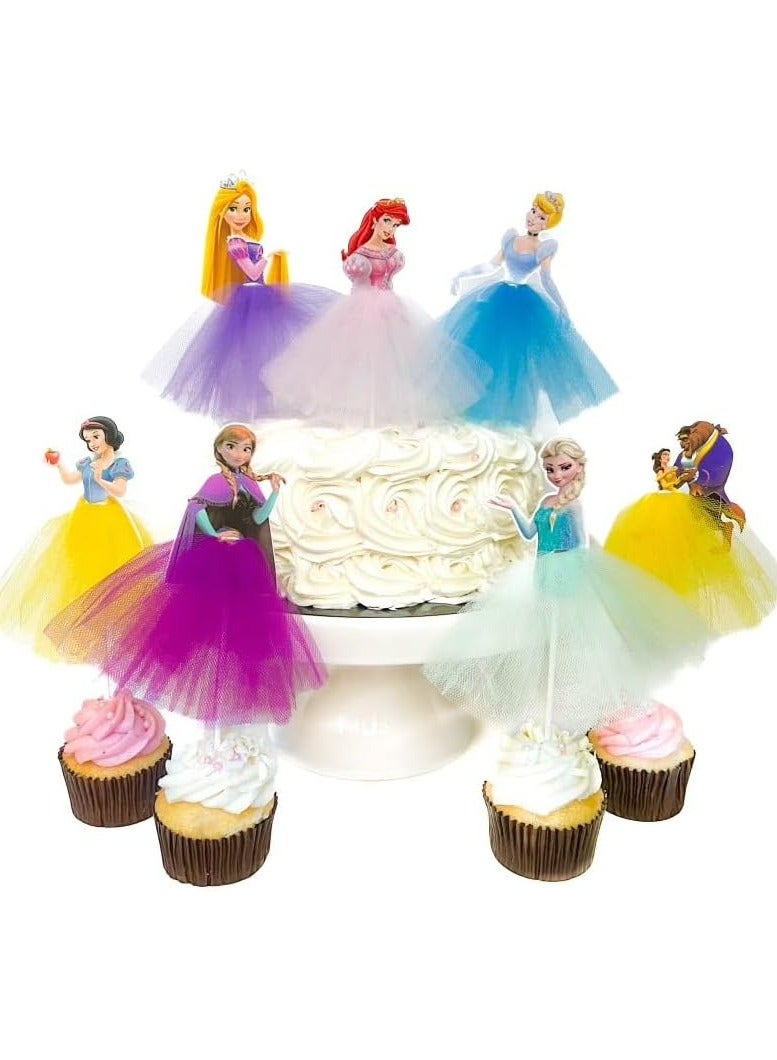 8 قطع من زينة كعكة وكب كيك الأميرة وزينة عيد ميلاد سعيد باللون الوردي - فستان توتو من التول الشبكي - زينة كعكة عيد ميلاد الأميرة - لوازم الحفلات - زينة كعكة الأميرة