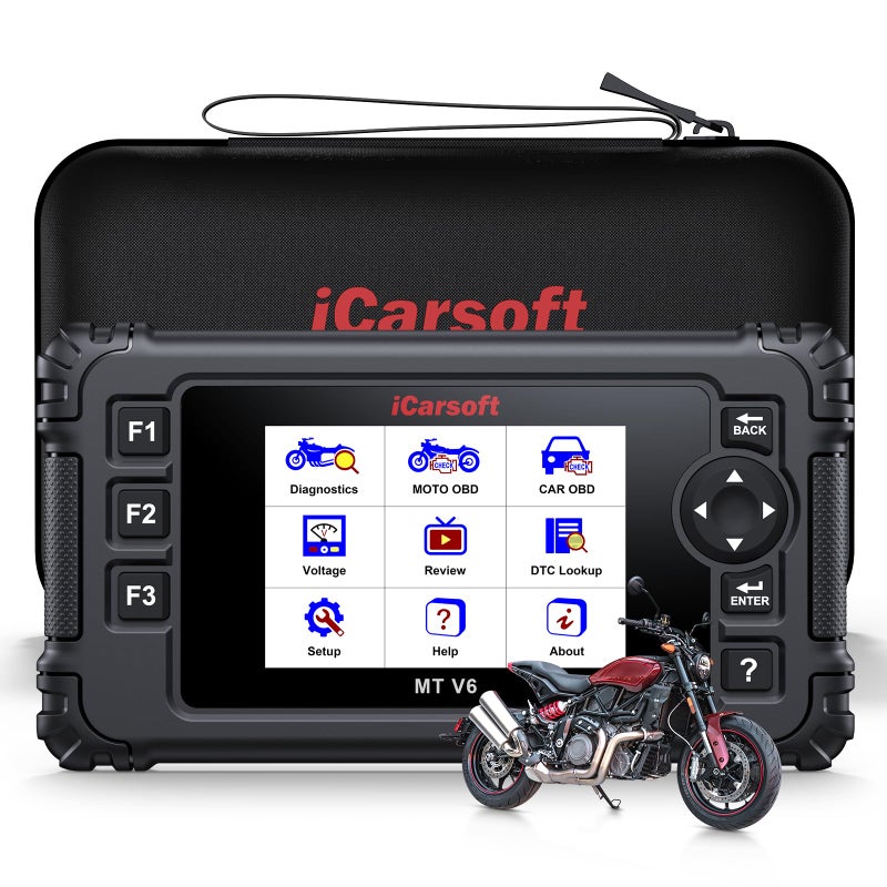 iCarsoft أداة تشخيص النظام الكامل iCarsoft MT V6 لدراجة نارية إنديان - جهاز فحص OBD2 لسيارات ودراجات نارية 2 في 1 - قارئ رموز المحرك مع 33 اختبار نشط للمحرك - اختبار البطارية - تحديث مجاني مدى الحياة