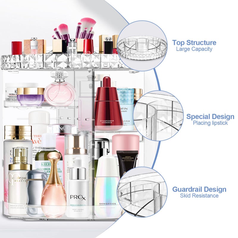 MISERWE 360 Rotating Makeup Organizer, DIY Adjustable Makeup Carousel Spinning Holder Rack, Large Capacity Cosmetic Brush Lipstick Storage Organizer Box for Vanity - Image 2
