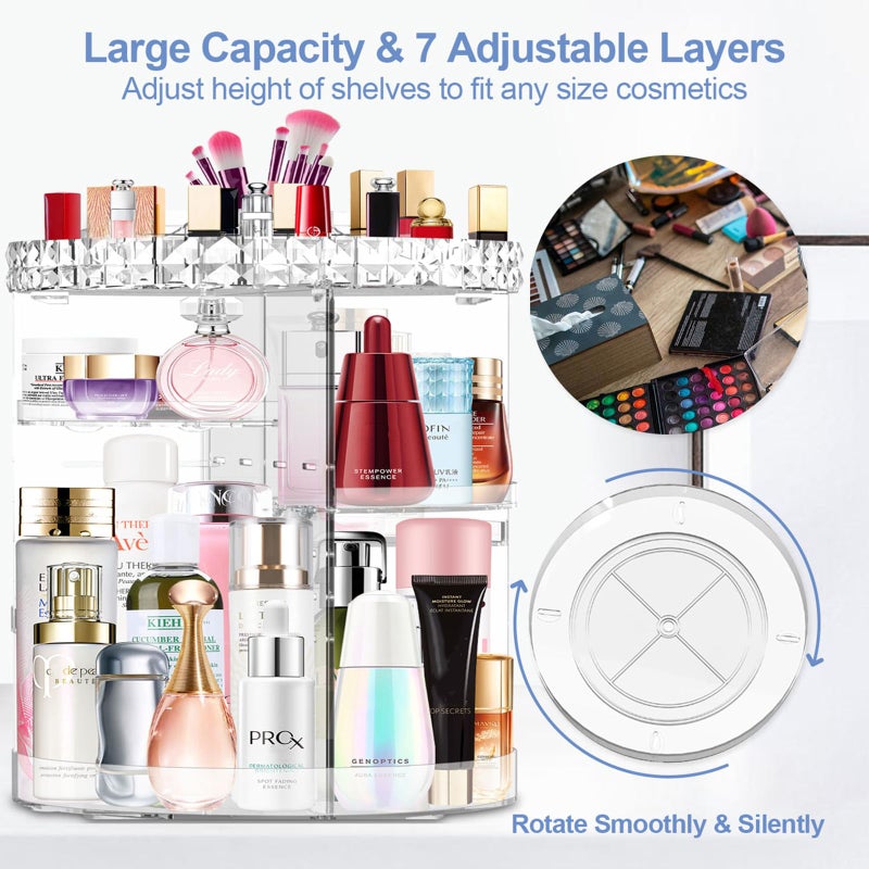 MISERWE 360 Rotating Makeup Organizer, DIY Adjustable Makeup Carousel Spinning Holder Rack, Large Capacity Cosmetic Brush Lipstick Storage Organizer Box for Vanity - Image 3