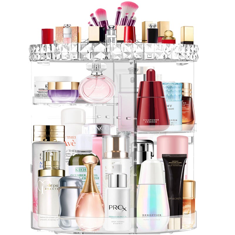 MISERWE 360 Rotating Makeup Organizer, DIY Adjustable Makeup Carousel Spinning Holder Rack, Large Capacity Cosmetic Brush Lipstick Storage Organizer Box for Vanity - Image 1
