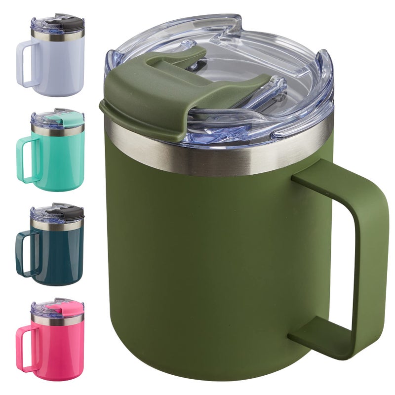 ALOUFEA 12oz Insulated Coffee Mug Cup with Handle Stainless Steel Travel Coffee Mug with Flip Lid Double Wall Vacuum Coffee Tumbler ArmyGreen