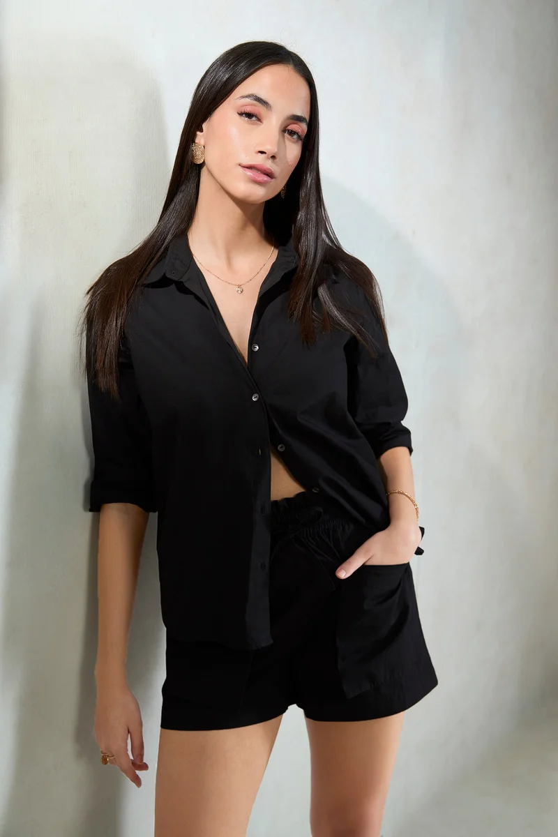 فيرجيو Solid Cotton Black High-Waist Paperbag Shorts for Women