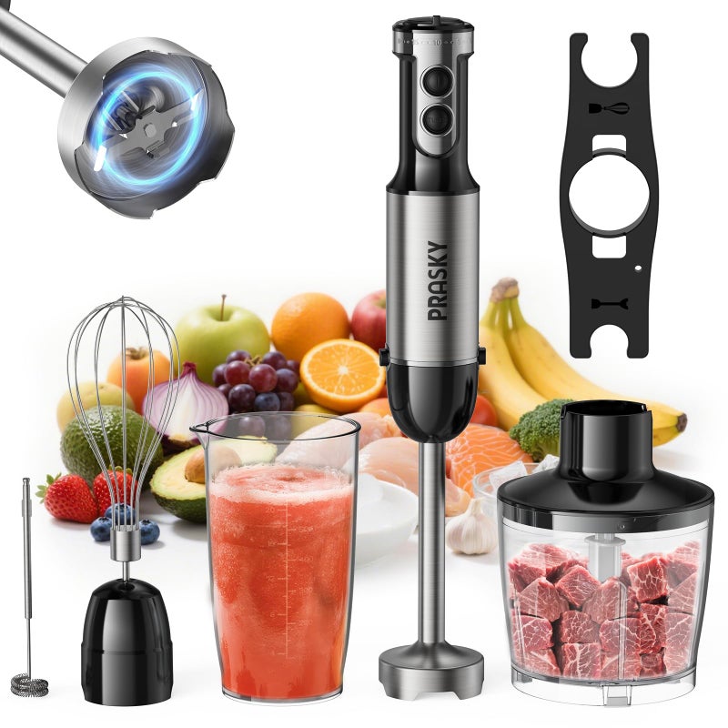 Prasky Immersion Blender Handheld Hand Blenders, 20 Speed & Turbo Mode Hand Held Blender, Heaviest Duty Copper Motor, Stainless Steel Blades, Milk Frother Wand, Whisk, 600ml Beaker, 500ml Chopper (Silver) - Image 1