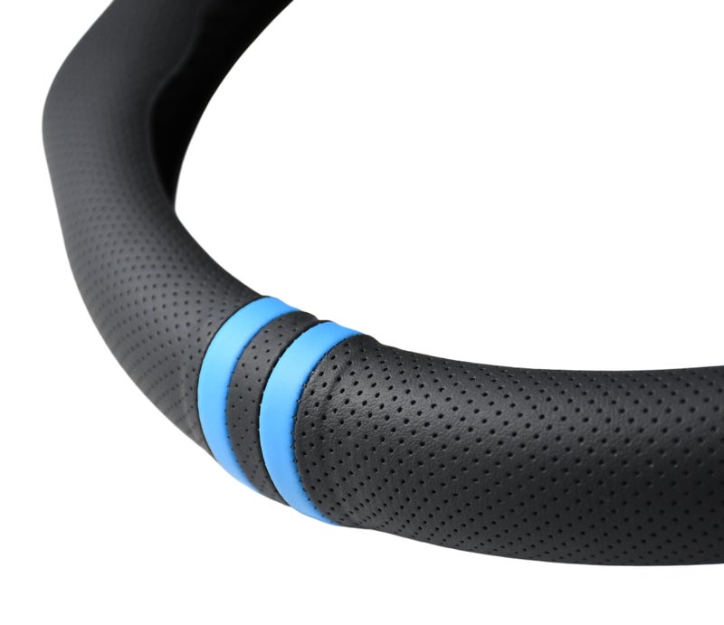 PartsTo Quick Install Sporty Perforated Nappa Leather Steering Wheel Cover with Blue Top Stripes Universal fit 14 Â½ to 15 inches Car SUV Pickup Steering Wheel - Image 2