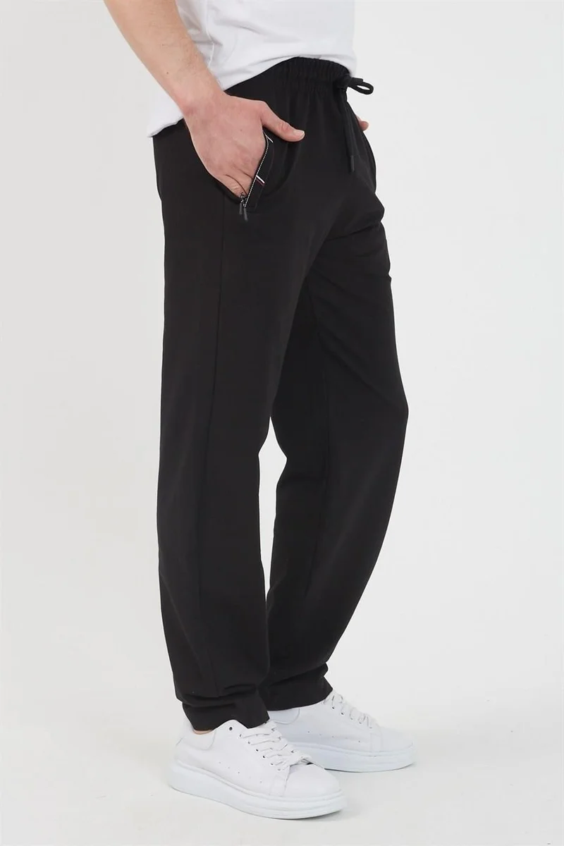 mmetalic Black Men's Zipper Pocket Embroidery Detailed Straight Leg Relaxed Cut Sweatpants