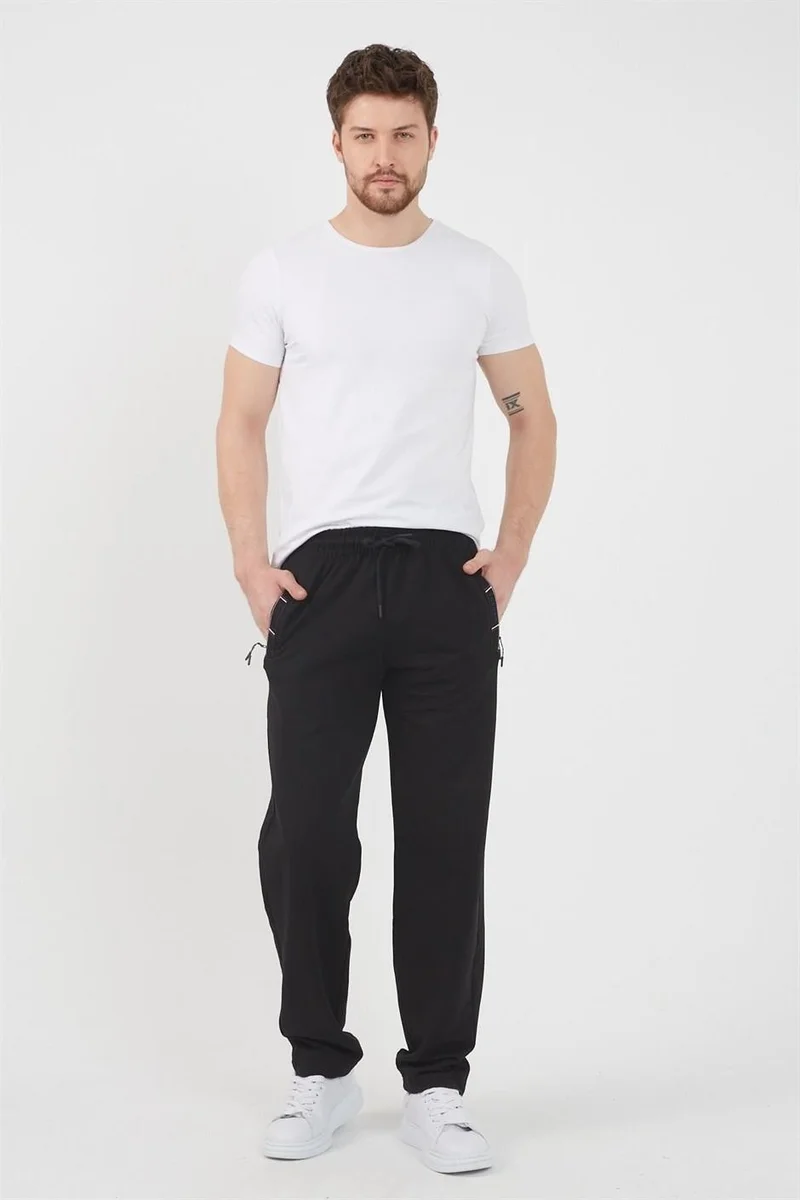 mmetalic Black Men's Zipper Pocket Embroidery Detailed Straight Leg Relaxed Cut Sweatpants