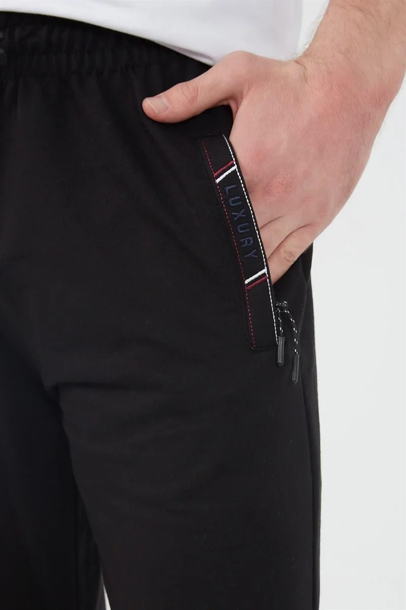 mmetalic Black Men's Zipper Pocket Embroidery Detailed Straight Leg Relaxed Cut Sweatpants