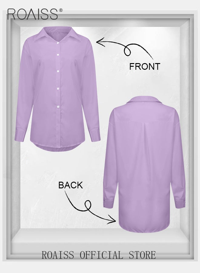 roaiss Ladies Comfortable Lapel Shirt for Daily Commute - Single-Breasted Long Sleeve Top with Simple Solid Color Design and Loose Fit  - Image 2