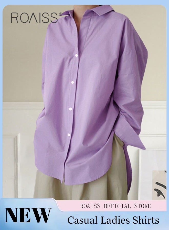 roaiss Ladies Comfortable Lapel Shirt for Daily Commute - Single-Breasted Long Sleeve Top with Simple Solid Color Design and Loose Fit  - Image 3