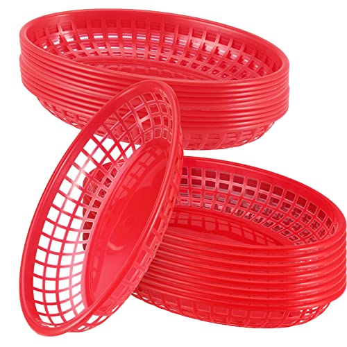 JAPCHET 60 Pack 8.8x5.5 Inch Red Fast Food Baskets, Oval Plastic Fast Food Serving Basket, Restaurant Serving Baskets for Burgers, Deli, Sandwiches, Fries, Easy Clean - Image 1