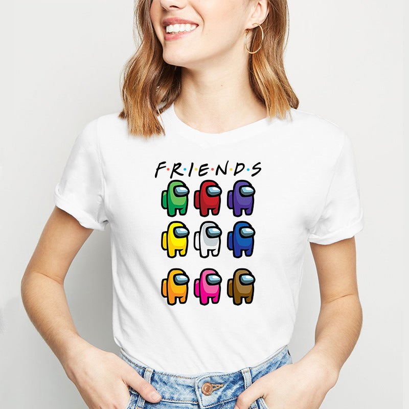 Game Among Us Printed T-Shirt Friends Cartoon Funny White Short Sleeve T-Shirt Top - Image 1