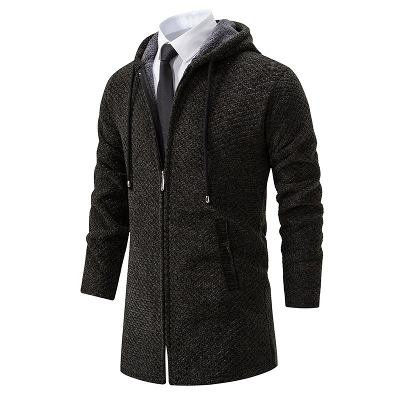 Fall/winter fleece-lined thickened long cardigan hooded sweater sweater 6679 - Image 3