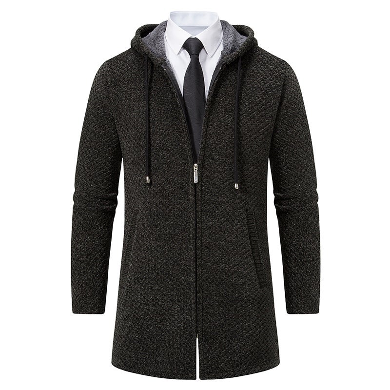Fall/winter fleece-lined thickened long cardigan hooded sweater sweater 6679 - Image 1