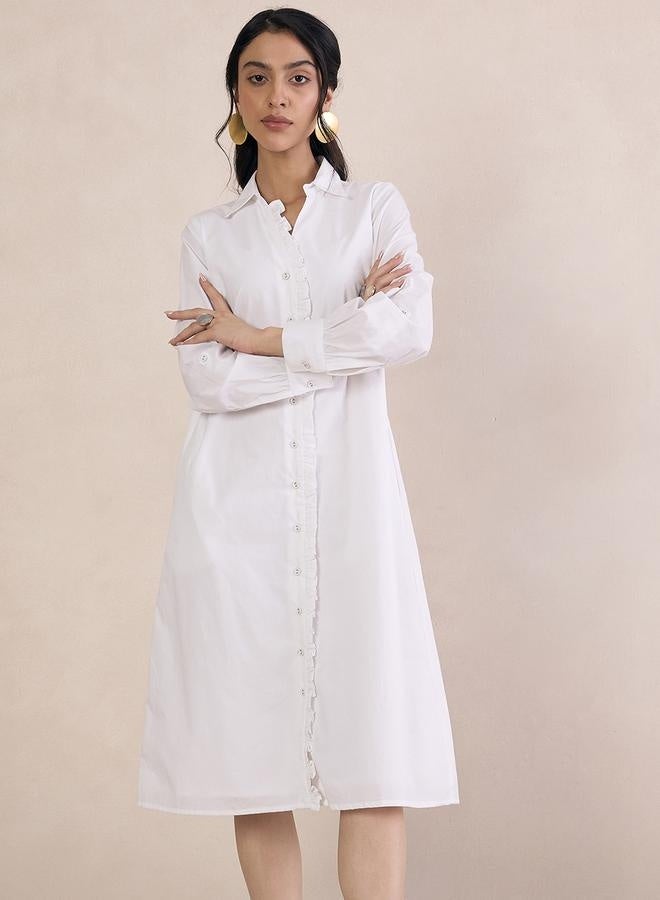 Femmella Femmella Solid Collared Midi Shirt Dress with Lace Trim Detail - Image 1