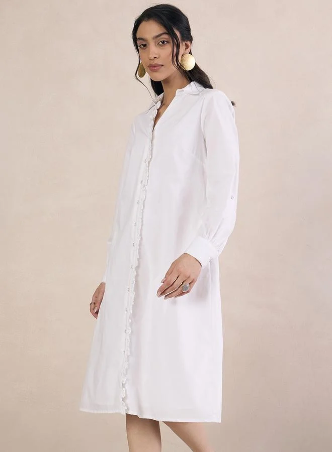 Femmella Femmella Solid Collared Midi Shirt Dress with Lace Trim Detail