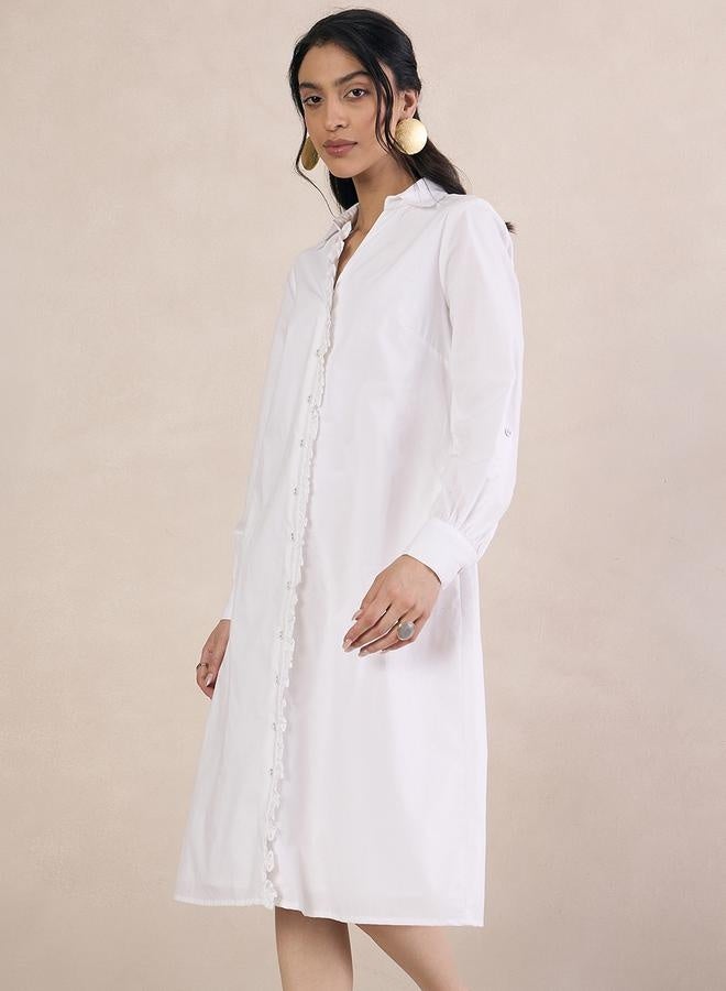 Femmella Femmella Solid Collared Midi Shirt Dress with Lace Trim Detail - Image 3