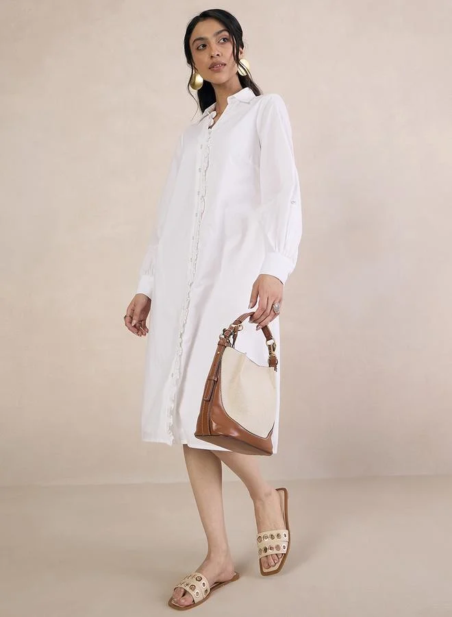Femmella Femmella Solid Collared Midi Shirt Dress with Lace Trim Detail