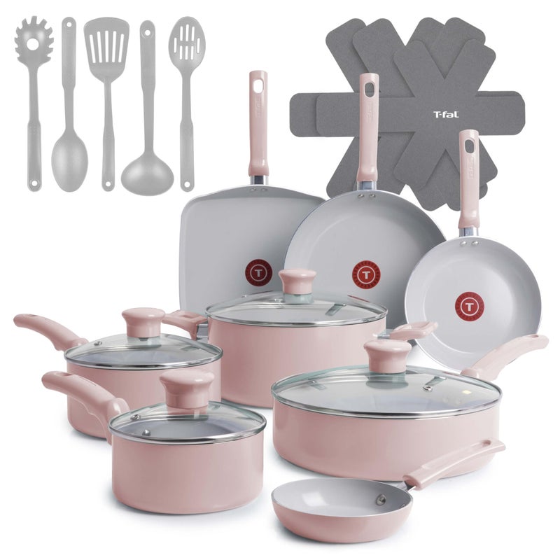 T-Fal Refresh Ceramic Pots and Pans Set, Nonstick Cookware, 20-Piece, Oven Safe to 350Â°F, Ceramic Cookware Set, Stockpot, Griddle, Frying Pans, Utensils, Dusty Rose - Image 1