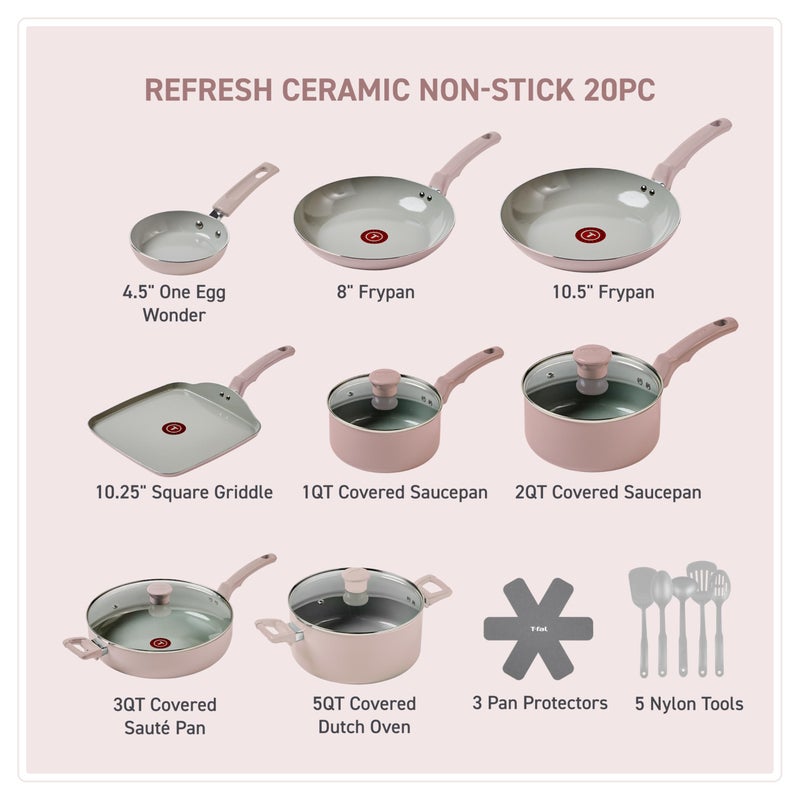 T-Fal Refresh Ceramic Pots and Pans Set, Nonstick Cookware, 20-Piece, Oven Safe to 350Â°F, Ceramic Cookware Set, Stockpot, Griddle, Frying Pans, Utensils, Dusty Rose - Image 2