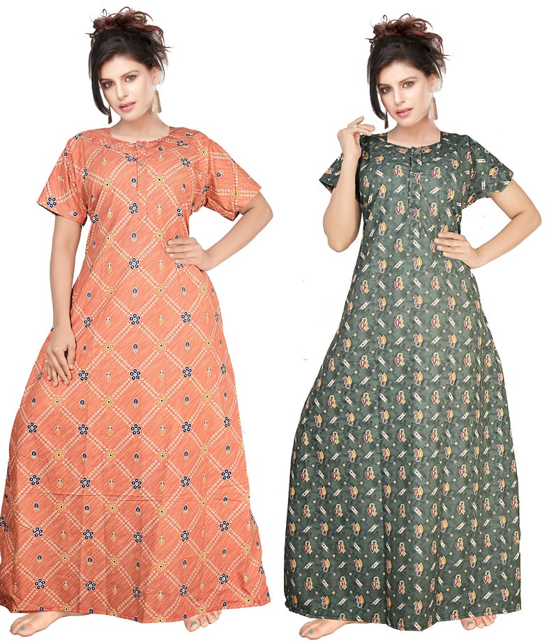 NEGLIGEE Women's Cotton Abstract Print Maxi Nighty (Pack of 2) (cotton nighty_Carrot & Grey_Free Size) - Image 1