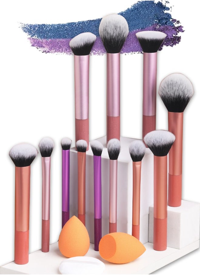 DGSENPI 15 PCS Makeup Brush Set, 12 Multi Use Makeup Brushes with 2 Makeup Sponges and 1 Makeup Puff, Foundation Blush Concealer Shading Eye Brush, for Beginners and Professionals  - Image 1