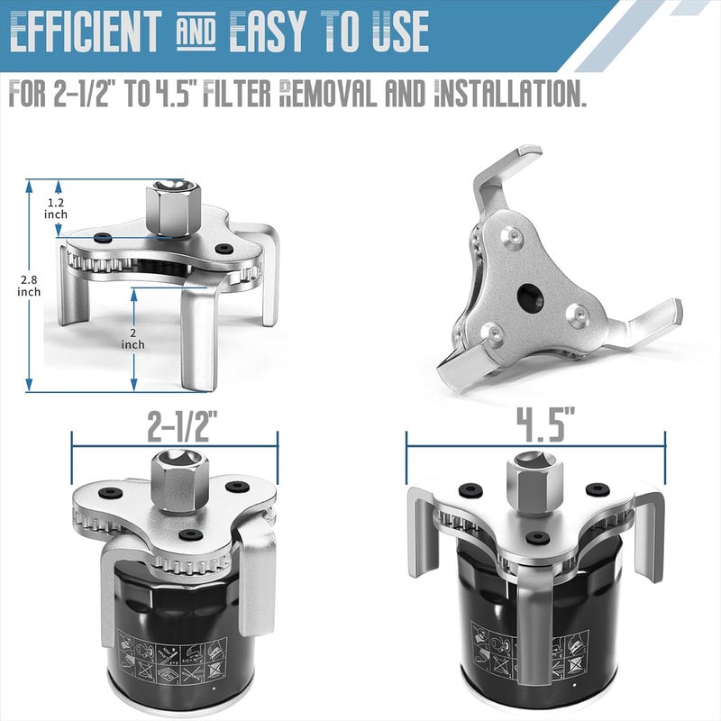 lernbac Universal Oil Filter Wrench Adjustable, From 2-1/2 inch to 4.5 inch 3 Jaw Oil Filter Removal Tool Set, Easy Changes, Efficiency 2 Way Oil Filter Wrench for Cars, Trucks, Motorcycles, 0FW001 - Image 2