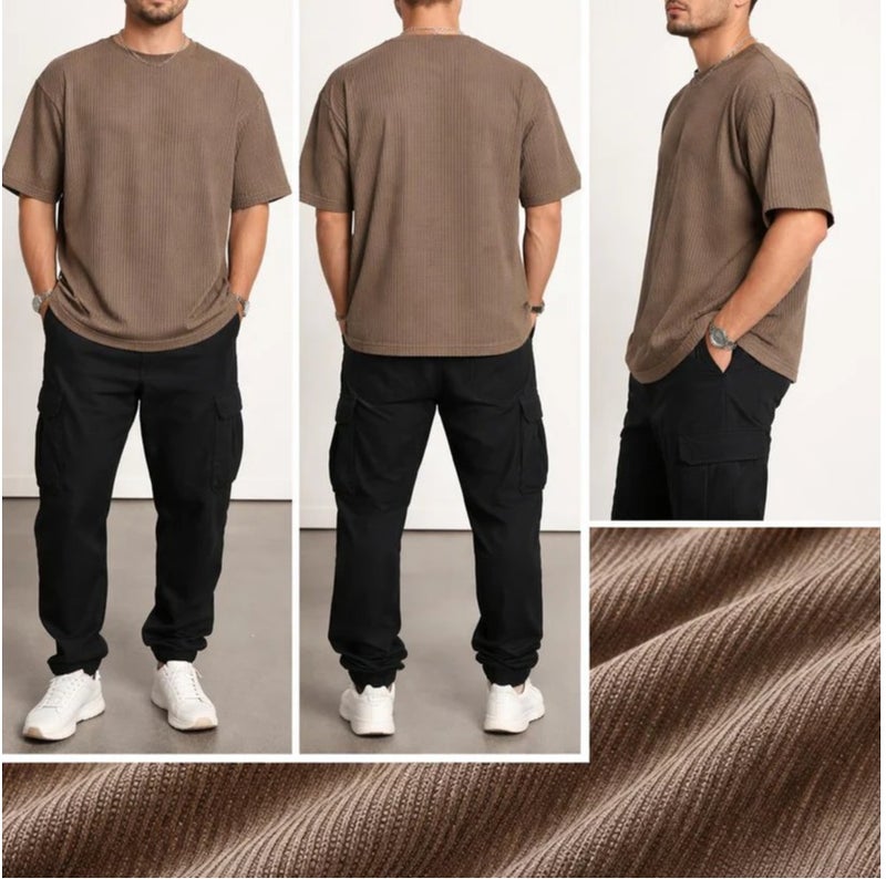 Men’s Dark Brown Mesh Ribbed T-Shirt