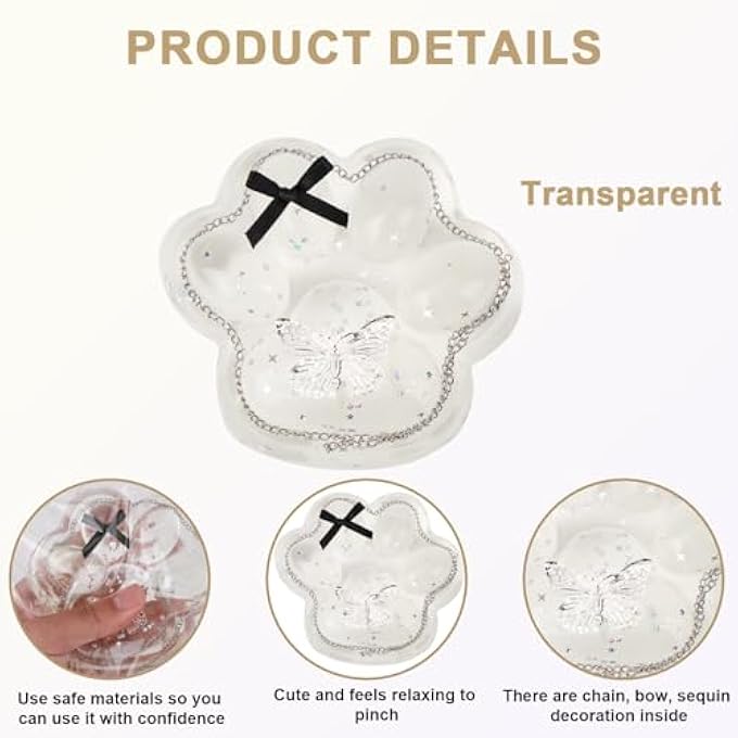 lasuroa Cat Paw Squeeze Toy, Glittering Soft Large Jelly Kitten Paw with Bow Cute Stress Toy Fidget for Kids Adults School Office (Transparent) - Image 3