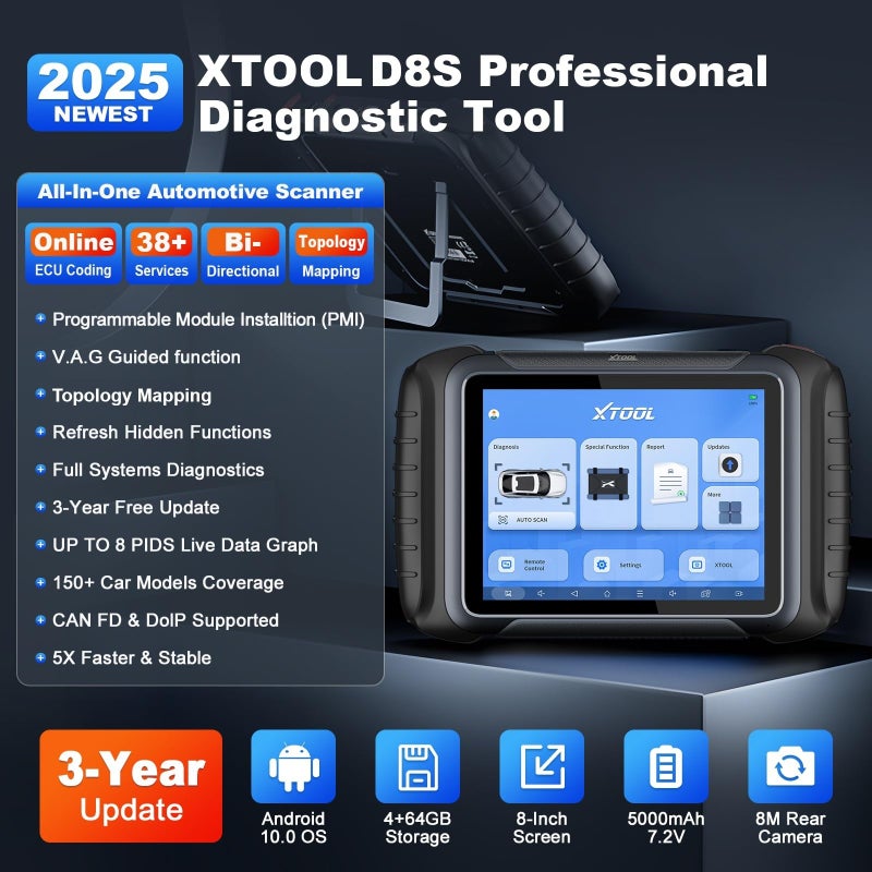 XTOOL XTOOL D8S OBD2 Scanner: 2025 Bidirectional Car Diagnostic Tool with Topology Map, Online ECU Coding, 38+ Reset, Active Test, All System, V.A.G Guide, PMI, CAN FD/DoIP, 3-Year Update, Upgrade of D8  - Image 2