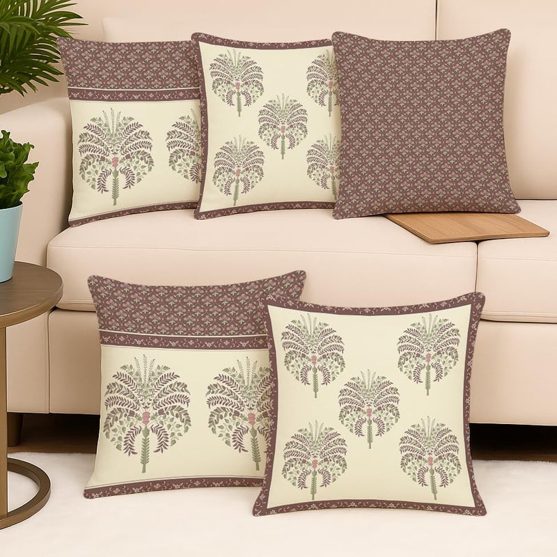 BRICK HOME Set of 5 Polycotton Printed Cushion Covers 16x16 Inches | Traditional Palm & Floral Border Design | Mauve, Sage Green & Beige | Soft Decorative Pillow Covers for Sofa, Couch & Living Room - Image 1