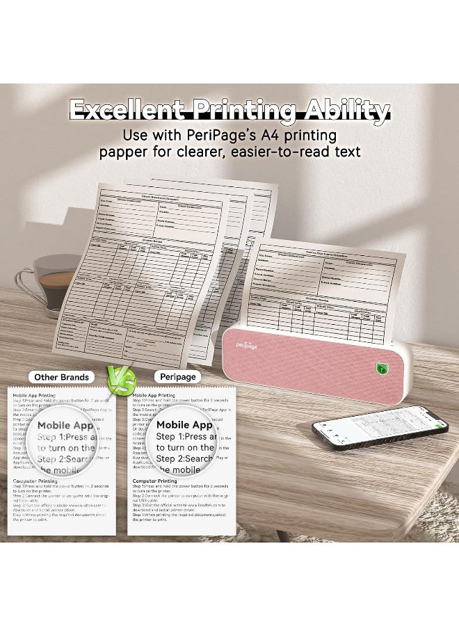 PeriPage A40,Mini Printer,Thermal Portable Printer,Supports 8.26"x11.69" US Letter, Wireless Inkless Bluetooth Mobile Travel Printer,Compatible with Android&iOS,Prints Docs, Tattoo Paper, Photos Pink Color - Image 5