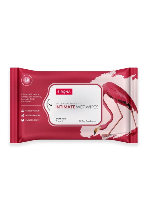 Sirona Natural Intimate Wipes, With Fruits & Aloe Vera Extracts, Protects Against Odour Dryness Itchiness Irritation, pH Balanced, For Daily Use - 1 x 10 Wipes