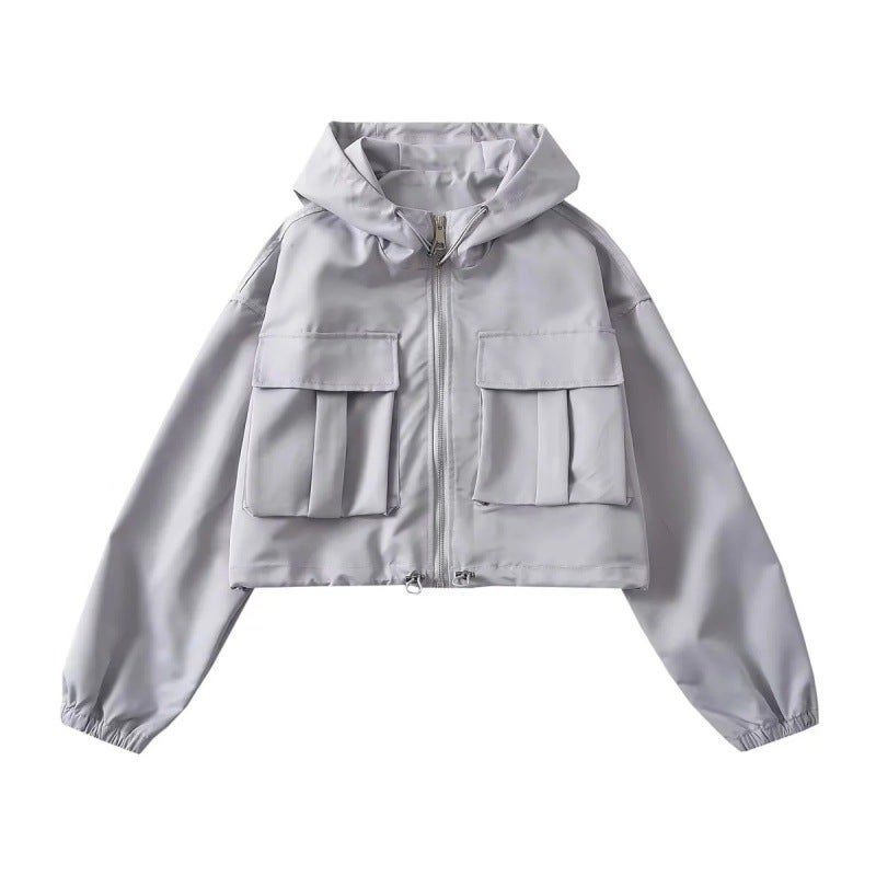 2023 early autumn design niche lightweight double Pocket Workwear slimming hem drawstring sun protection jacket hooded jacket Light gray 