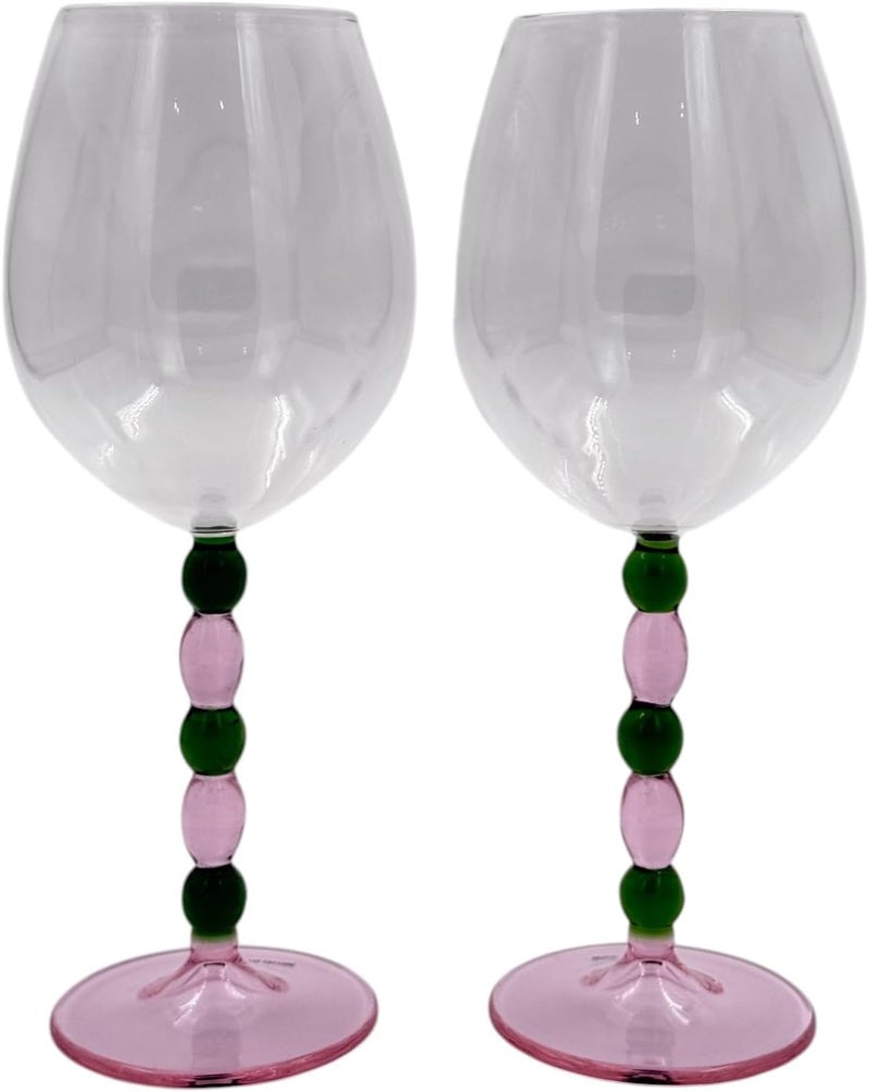 بي آند دي طقم كؤوس نبيذ زجاجية من B&D مع ساق زخرفية، 615 مل، تصميم وردي وأسود مزين بالخرز، طقم من قطعتين - Image 4