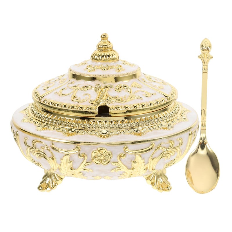 Veemoon وعاء سكر تركي مطلي يدويًا مع غطاء وملعقة وعاء توابل ذهبي عتيق وعاء زينة للقهوة ووعاء مكعبات السكر للاستخدام المنزلي والمقاهي والمطاعم