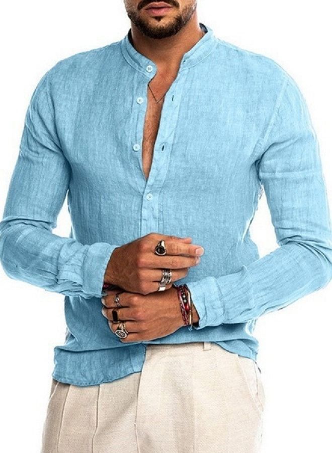 NIBEMINENT Men's Solid Linen Stand Collar Long Sleeve Shirt Blue 