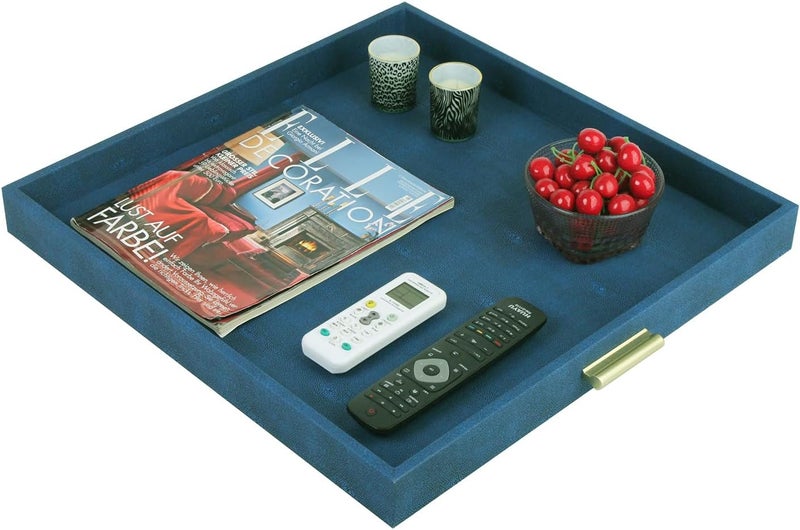 HofferRuffer Elegant Decorative Serving Tray 20x20 Square Faux Leather Ottoman Tray with Gold Hardware Handles Coffee Table Serve Tea Coffee or Breakfast Navy Blue - Image 4