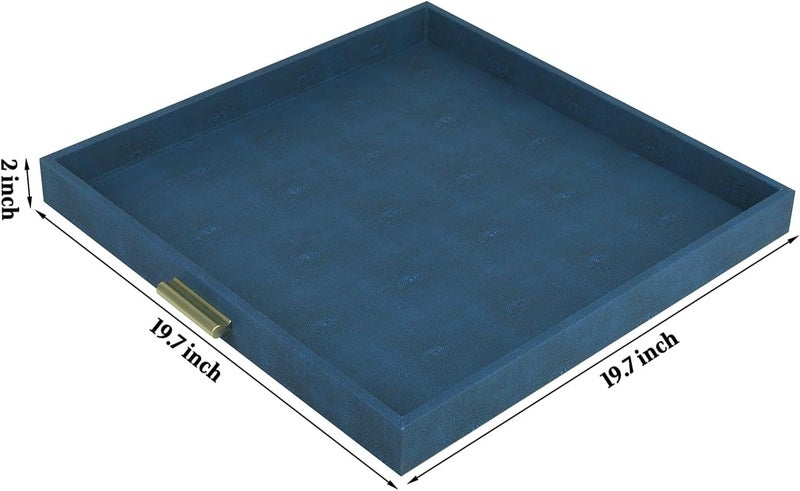 HofferRuffer Elegant Decorative Serving Tray 20x20 Square Faux Leather Ottoman Tray with Gold Hardware Handles Coffee Table Serve Tea Coffee or Breakfast Navy Blue - Image 2