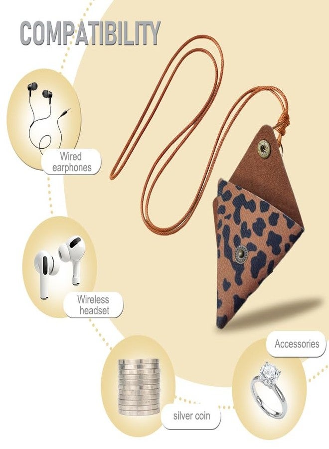 yaozeio Leopard Long Necklace Earbuds Case Pouch Leopard Headphone Pouch Bag Brown Mini Earbud Pouch Vintage Long Sweater Necklace Leather Earphone Case Pouch Cute Headset Headphone Storage Bag - Image 4