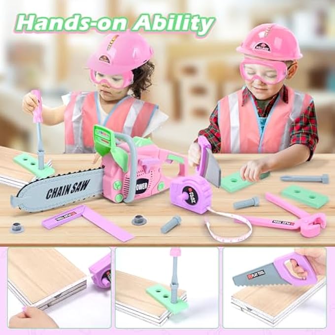 PINK ELECTRIC CHAINSAW PRETEND PLAY TOOL TOY, CONSTRUCTION THEME, KIDS DEPARTMENT, AGES 3 TO 6, UNISEX, STEM & ROLE PLAY - Image 5