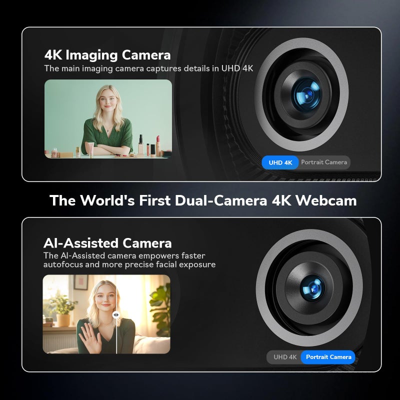 EMEET Piko 4K Webcam for Streaming, Worldâ€™s 1st Dual-Camera AI-Powered 4K Camera w/AI Autofocus, 3 Mics Array&3 Sound Modes, USB Webcam with Clip, Great for Streaming, Desk Setup - Image 2