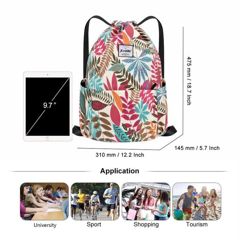 XEYOU Drawstring Sports Backpack Lightweight Gym Yoga Sackpack Shoulder Rucksack Casual Outdoor Daypack for Women and Men (Colorful Leaves Pattern) - Image 3