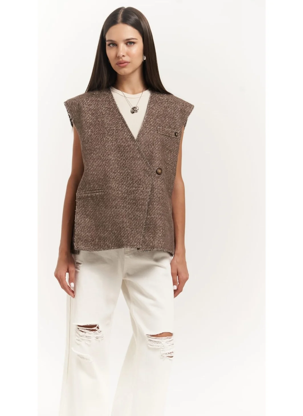 Mai Collection Faven Brown Side Slit Detail Vest
