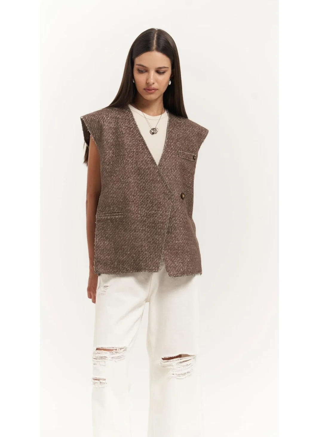Mai Collection Faven Brown Side Slit Detail Vest