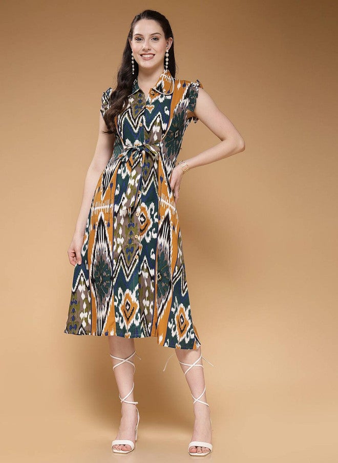 Indibelle Mustard Yellow Abstract Print Flutter Sleeve A-Line Dress - Image 2